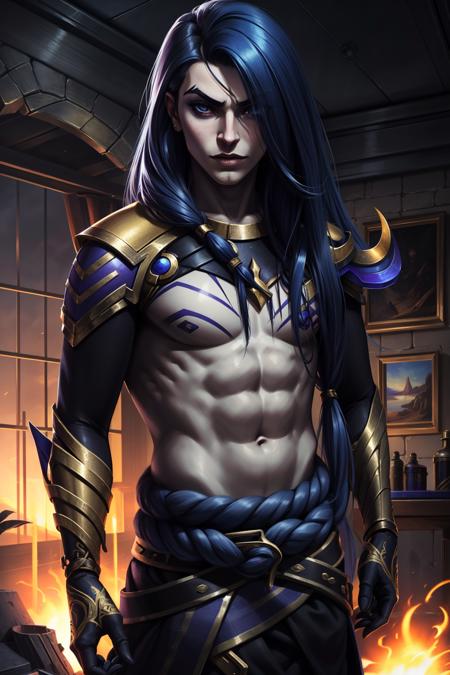 (masterpiece, best quality:1.2), intricate details, <lora:odyssey_kaynV2-000014:1>, odyssey shadow assassin, 1boy, male focus, long hair, topless male, blue skin, belt