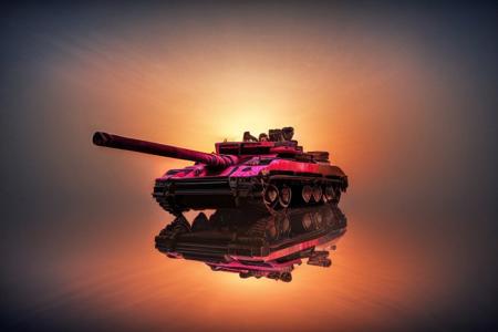 tank, 1tank. Dark foggy background, full view, red lights., futuristic city street. street lights.