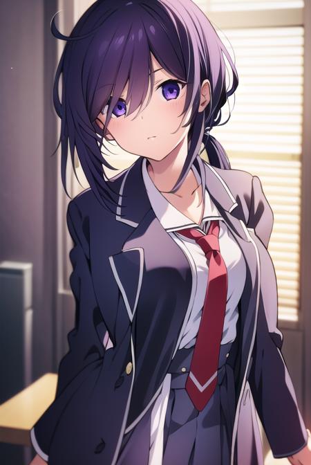 miokunosato, <lyco:miokunosato-LYCORIStest:1>,
mio kunosato, long hair, black hair, very long hair, (purple eyes:1.1), ponytail,
BREAK school uniform, necktie, labcoat,
BREAK looking at viewer, hands behind head,
BREAK indoors, classroom,
BREAK <lora:GoodHands-vanilla:1>, (masterpiece:1.2), best quality, high resolution, unity 8k wallpaper, (illustration:0.8), (beautiful detailed eyes:1.6), extremely detailed face, perfect lighting, extremely detailed CG, (perfect hands, perfect anatomy),