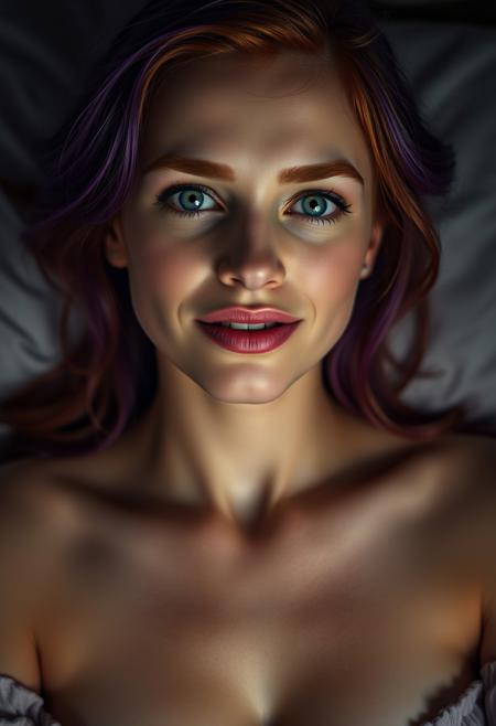portrait, (from navel up:1.6), (18-year-old woman:1.5), (light blue eyes:1.5), (pouty face:1.4), (mischievous expression:1.3), soft features, (red hair with purple highlights:1.6), natural makeup, clear skin, (small breasts:1.6), (one nipple piercing:1.6), (nipples exposed:1.7), slight smile, (smooth, flawless skin:1.4), (plump lips:1.4), (seductive gaze:1.5), (detailed eyes:1.4), (sharp focus:1.3), (intricate shadow play:1.6), (chiaroscuro lighting:1.6), soft shadows on face and body, (luxurious chiaroscuro background:1.6), (silk sheets:1.4), (dimmed ambient light:1.4), (realism:1.6), smooth lighting, subtle shadows, (eyes reflecting light:1.3), Vermeer inspired, oil painting, cinematic lighting, photorealistic, hyper-detailed, vibrant colors