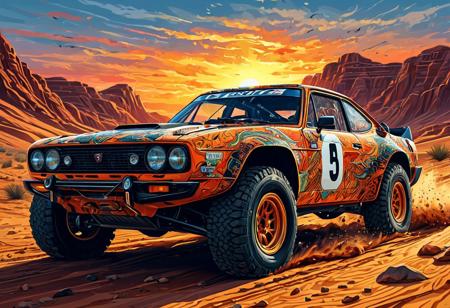 Finely detailed vector illustration, classical sports car, modified for rally raid, desert snake, symbiosis, sunset, high velocity, desert, ultra realistic quality, hyperdetailed, intricately detailed,  triadic colors,fantastical,intricate detail,splash screen,complementary colors, fantasy concept art, 8k resolution, masterpiece, oil painting, thick strokes, rich strokes, streakes, smudges