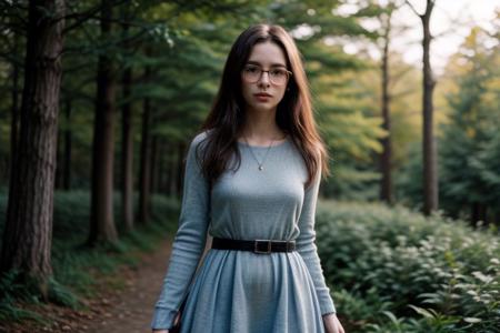 35mm film, one pretty european girl, solo, supermodel, long light brown hair, long wavy hair, pale skin, perfect face, small nose, blue eyes, big tits, nice breasts, necklace, black frame glasses, short blue lace dress with a belt, white heeled shoes, looking at viewer, looking directly at viewer, a breathtaking forest view, offering panoramic views of majestic and sweeping trees, nature light, early spring season, full body view of girl, epiCPhoto, <lora:pytorch_lora_weights:0.5>, <lora:picxer_real:0.7>, <lora:FilmVelvia3:0.3>, <lora:more_details:0.6>