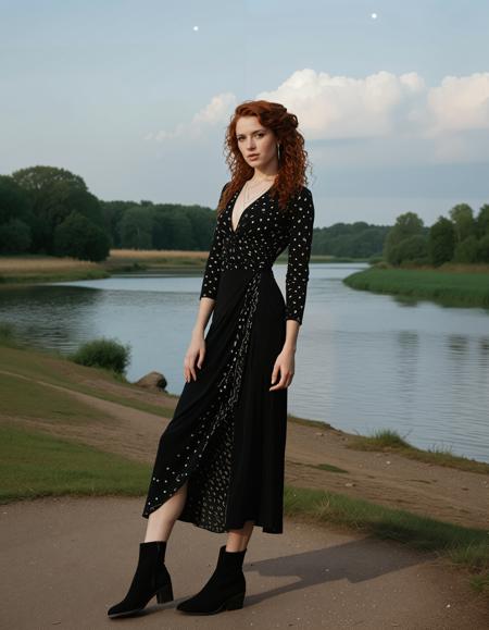 RAW full body analogue photo of a beautiful 25 years old woman, clear focus, high resolution image, pale skin freckles (Auburn-hair Scottish woman),  ,wearing Celestial Rocker, a star-patterned black dress, ankle boots, and a crescent moon pendant, (Twists and Curls hairstyle:1.6),,low light, soft natural light, Rembrandt style light, Hasselblad DLSR camera, 200mm Zeiss lens, f/2.8, ,Sexy pose, erotic pose, exhibitionism, ,Bridge over a river