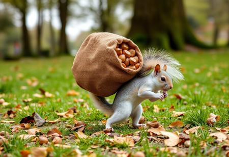 A photo of a white squirel dragging a giant bag of nuts in the park