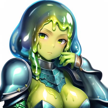 masterpiece, best quality, original, (slime girl:1.18), 1girl, serious, (armor:1.35), (green skin:1.4), slime hair, absurdres, solo