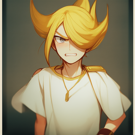 1boy, blonde hair, long hair, floating hair, hair over one eye, grey eyes, necklace, bare shoulders, short sleeves, white shirt, green pants, bracelet