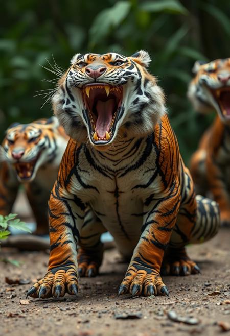 A heard of Tigators, Tiger With Alligator hybrids. it is roaring and looking fierce with it's alligator snout open for a bite,  elongated head of an alligatori, t has scales instrad of fur. He has short stubby legs and a long flat tail, hes angry. Tigator, a Tiger and Alligator Hybrid creature, real,