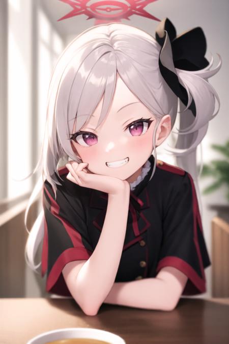 <lora:MutsukiBA-05:1>,
simple background, elbows on table, cup, blurry background, indoors, upper body
1girl, mutsuki
halo, side ponytail, long hair, white hair, hair ornament, purple eyes, black jacket, short sleeves, head rest, grin,<lora:sitac-000016:1>