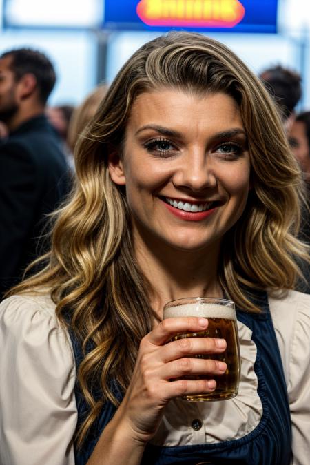 pov, an Oktoberfest waitress posing at the Oktoberfest, holding a mug of beer, looking front, sweet smile, (wearing dirndl:1.2), sharp focus, eye contact, (high detailed skin:1.1)
<lora:0more_details:1> <lora:natalie_dormer_lora_v01:1> natdormer