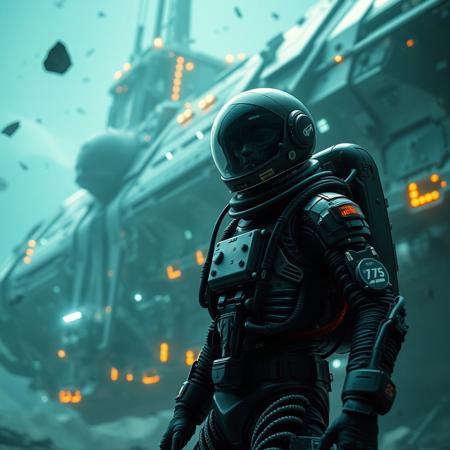 A cinematic shot of an alien astronaut in a vibrant metallic black spacesuit standing in the foreground, with a massive, spacecraft as the backdrop. The spacecraft is adorned with numerous lights, windows, and technical details. The astronaut's suit is equipped with various gadgets and patches. The atmosphere is filled with floating debris and a hazy teal glow