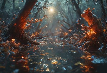 A moonlit forest, new england stream bathed in an ethereal glow, where ancient, gnarled trees twist into fantastical shapes, bioluminescent flowers illuminate the banks of the stream, while a stack flowers sprout from the shadows. ((Frogs and other night creatures abound)).