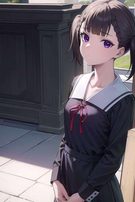 makishijou, <lora:makishijou-lora-nochekaiser:1>,
maki shijou, bangs, blunt bangs, (purple eyes:1.1), twintails, two side up, braid, short twintails,
BREAK long sleeves, dress, ribbon, school uniform, black dress, red ribbon, neck ribbon, collared dress, shuuchiin academy school uniform,
BREAK outdoors,
BREAK looking at viewer, (cowboy shot:1.5),
BREAK <lyco:GoodHands-beta2:1>, (masterpiece:1.2), best quality, high resolution, unity 8k wallpaper, (illustration:0.8), (beautiful detailed eyes:1.6), extremely detailed face, perfect lighting, extremely detailed CG, (perfect hands, perfect anatomy),