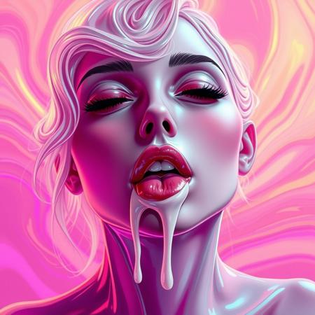 Abstract digital anime of a female face rendered in fluid, melting forms that suggest intense pleasure. The face dissolves into soft, undulating contours with a surreal, dripping effect. Her eyes are rolled back with barely visible pupils, evoking a hypnotic trance, while a thick streak of white drool traces down her chin. She's slightly biting her lip but Her is tongue out and, capture a moment of raw, unbridled ecstasy. The background swirls with warm, sensual hues of pink, purple, and gold in smooth, flowing gradients, reinforcing the abstract, erotic ambiance of the scene. The composition is dynamic and organic, blending precise, fluid lines with a dreamy, surreal atmosphere. The image compositions follows a Fibonacci spiral. glossy textures, melting effect, reflective surfaces, bioluminescent glow, transparent molten liquid elements, metallic sheen, high contrast,  anime stylization, iridescent highlights, surreal fluidity, futuristic materials, intricate details, translucent hair, sci-fi elegance, expressive eyes, synthetic realism, hyper-detailed rendering, high resolution,  perfect anatomy
