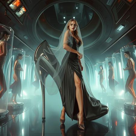 tall slender elegant slavic femme fatal encased with silk veils in giant high heel foil shoe ,  under dimension portal to another galaxy , dressed in sexy glossy satin side slit 1920s nightgown ,  pefect legs in lace trim stockings and d'orsay high heels, small feets, alien spaceship chamber, surrounded by beauty models encased in  hi-tech stasis tubes at background,  fog, mirrors, hi-tech, sci-fi, scifi, mind control, steel, foil, hypno, romance,  lipstick, long hair, heavy makeup,  red nails, long hair, green eyes, sharp cheekbones, ultra thin waist , seductive, feminine, mysterious, alluring, red lasers