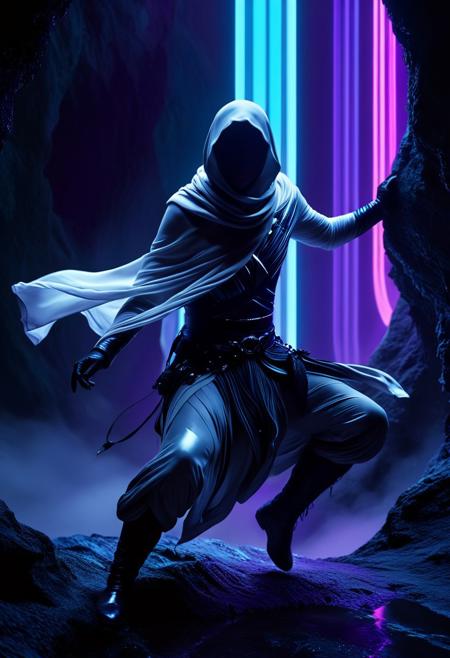 Assasin, A closeup of fantastical image of a assasin false glory, darkness of night fall, Their filled with power and determination, clad in flowing, action pose, flowing scarf, wielding an scarf ornate, scarf ornate, as they wield the scarf n a fluid, sitting squatting pose, hands touch the ground, squatting all four, action pose, from behind view, cyberpunk city, neon city, skindentation, glowing, shiny, scifi, neon lights, intricate artistic color, cinematic light, radiant, vibrant, perfect symmetry, Grayscale, Dramatic spotlight, highly color focused, dynamic motion, very dark, As you close into the depths, the pristine white walls of an elongated Exoplanet base glisten in the moonlight. But as it enters into their exploration, Sultry boudoir photography, Portals ringed with colors extending beyond normal perception ultraviolets so deep they hurt to perceive,by Kuang Hong, Milton Glaser, Vector Art, landscape, Movie still, best quality, hair light, Slow Shutter Speed, Kodak UltraMax 400, Depth of field 270mm, digital art, rich colors midjourneyv6.1