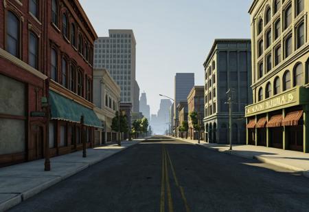Incredibly Detailed Accurate Portrait Of A empty downtown street in San Andreas, No Humans, No Cars, Just Buildings