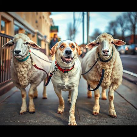 lovely dog leading three sheep by leashes attached to their necks, dog holds leashes in his mouth, on city sidewalk