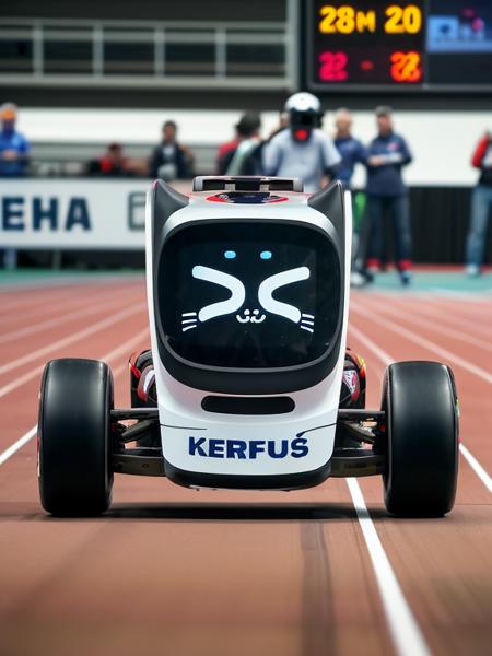 kerfusrobot robot racing on the track, high quality, high resolution, intricate detail, very sharp, professional photography <lora:hjkerfusrobot_v11:0.7>