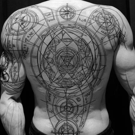 a guy with transmutation circle simple outlined tattoo on upper body and arms, best quality, <lora:TransmutationCircle:0.53>, masterpiece, photo-realistic, black and white photo