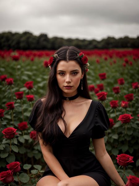 a woman in a black dress sitting in a field of red roses, inspired by John Collier, red magic surrounds her, female body, roses in her hair, la catrina, by Wyke Bayliss, beautiful, marc brunet, by ESAO, nsfw,