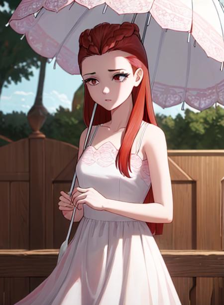 best quality, (masterpiece),(ultra-detailed), (high quality), (high resolution), <lora:dahlia:0.7> dahlia hawthorne, long hair, red hair, dress, umbrella