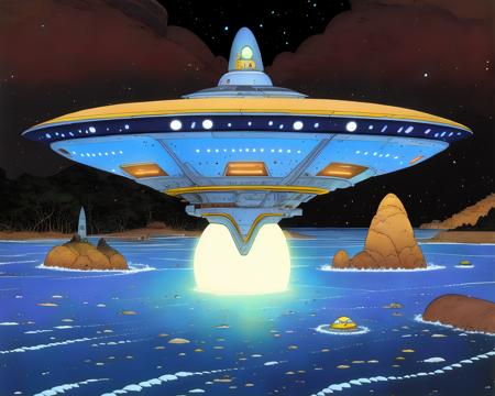 A flying saucer with spotlights, art by WASMoebius