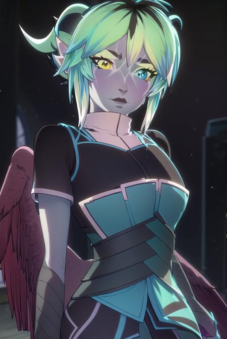 naimi selari nykantia, short hair, black hair, (yellow eyes:1.3), multicolored hair, green hair, horns, two-tone hair, aqua hair, makeup, colored skin, (heterochromia:1.5), blue eyes, grey skin, blue skin, thighhighs, wings, cape, armor,