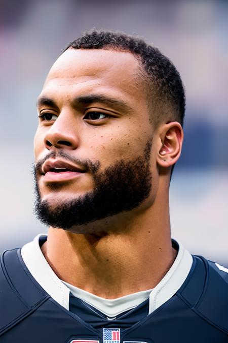 a photo of DPr35c0tt, a man, RAW, close portrait photo, (medium shot), (beard), blue and white american football clothes, stands in the background, football stadium, (high detailed skin:1.2), 8k uhd, dslr, soft lighting, high quality, film grain, Fujifilm XT3 sharp focus, f 5.6