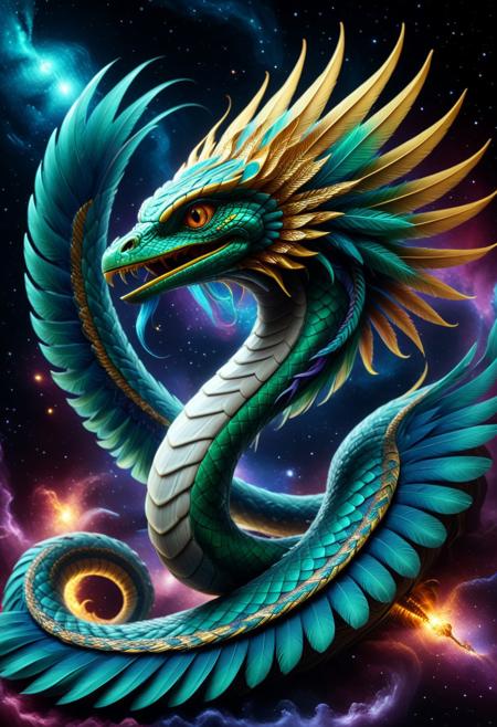 Quetzalcoatl reimagined as a cosmic feathered serpent, majestically coiling through a nebula in deep space, its radiant feathers glowing with an otherworldly bioluminescence, cinematic sci-fi photography rendered with surreal, hyper-detailed celestial environments, iridescent blues and violets dominating its spectrum palette blended with swirling stardust, wide dynamic range for intense star fields and nebular gases, the soft glow of alien suns providing eerie backlighting, inspired by sci-fi films like Interstellar and mythology fused with futurism, surreal and awe-inspiring mood
 sn4ke