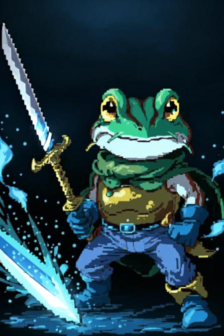 masterpiece, pixel art,<lora:pixelart:0.7> ,  solo, 1boy, Frog_CT <lora:Frog_CT:0.8>, frog, gold breastplate, holding sword and shield, blue glove, white pants, green cape, blue lights, blue fire, dark scene