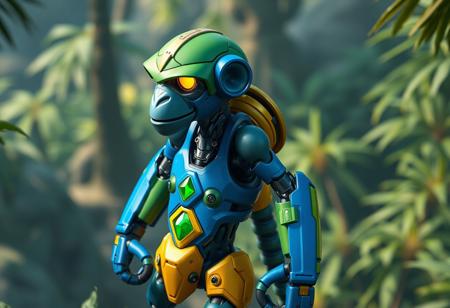 epic details Vibrant blue Acrobat Monkey robot with green helmet, yellow visor gleam, green limbs, yellow chest plate, green gem sparkle, stands proudly on a jungle dweller. Poised for action, head turned left. Lush jungle setting. Isometric view, dynamic pose, cinematic lighting, depth of field. Concept art, Octane Render, Unreal Engine, trending on Artstation, Golden Ratio composition, intricate detail.