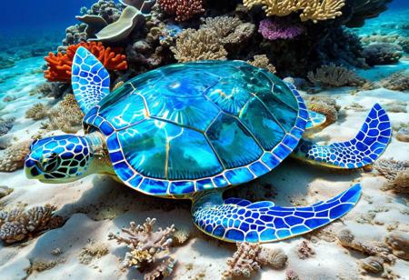 Blue glass turtle under water,
Broken glass effect,
 coral reef in the background,
stunning,
something that doesn't even exist,
to be mythical,
energy,
molecular,
textures,
iridescent and luminescent scales,
breathtaking beauty,
pure perfection,
divine presence,
unforgettable,
impressive,
breathtaking beauty,
Volumetric light,
will have,
rays,
bright colors reflect