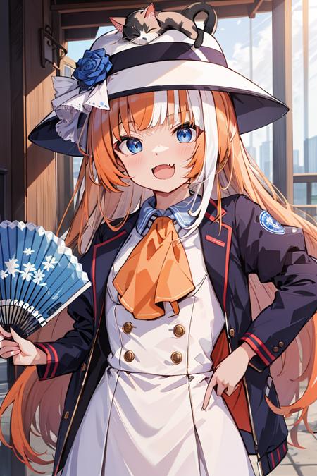 (absurdres:1.30), highres, ultra detailed, <akikawa_yayoi_v1:0.65>  akikawa_yayoi, blue eyes, long hair, orange hair, white hair, two-tone hair, multicolored hair, BREAK, hat flower, white headwear, cat on head, dress, white dress, long sleeves, puffy sleeves, blue jacket, open jacket, ascot, socks, blue footwear, buttons, skin fang, upper body, open mouth, folding fan