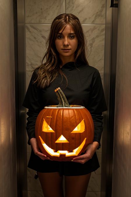 <lora:Louise_Nurding_nee_Redknapp:1> l1873n, 1girl, solo, masterpiece, best quality, detailed face, pumpkin costume,  toilet stall
