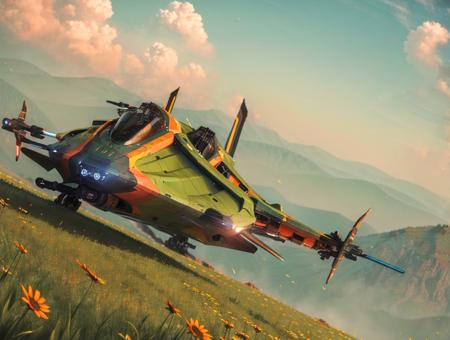 (((masterpiece, best quality, high quality))),wide shot of a military gladius parked in a beautiful grassfields, caustics, symmetrical, <lora:gladius-000030:0.85>