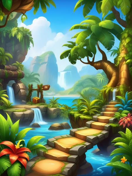<lora:10NaturalismPainting_Hap_XL:1.5>, Thomas Moran style,oil painting,nature,landscape, Create a vibrant and engaging jungle stones game interface, featuring cartoon GUI elements for a lively gaming experience. Design user interface components such as buttons, score displays, level indicators, and character icons, all with a playful jungle theme. Incorporate colorful stones and foliage into the background to enhance the overall aesthetic. Ensure that the GUI elements are intuitive and user-friendly for seamless navigation during gameplay. Pay attention to the details, ensuring that each element aligns with the cartoon style and evokes the adventurous atmosphere of a jungle setting. Provide the final designs in a professional vector format for easy integration into game development platforms.ï¼