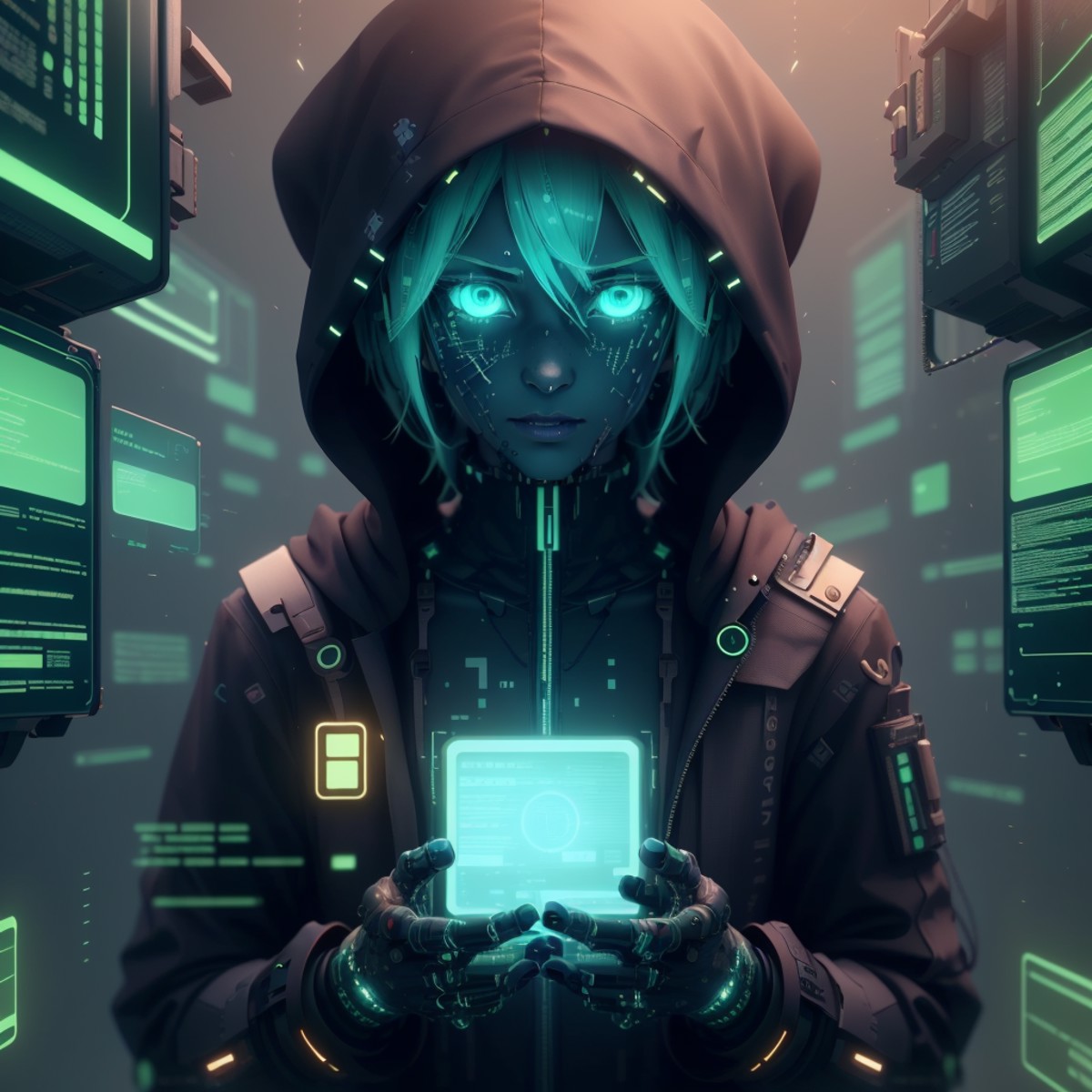 <lora:HackedTech-20:0.9>, hackedtech , scifi,  cyberpunk ,  data stream , pixelated, 
synthetic skin, colored skin, 1girl,...