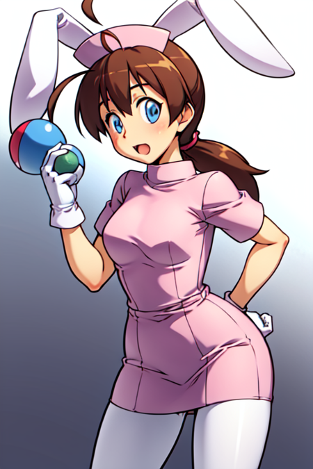 bwnurse, nurse, nurse cap, ponytail, white pantyhose, poke ball, blue eyes, gloves, animal ears, ahoge, rabbit ears, zettai ryouiki