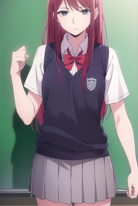 sanaeebato, <lora:sanae ebato s1-lora-nochekaiser:1>,
sanae ebato, long hair, red hair, (grey eyes:1.5),
BREAK shirt, bow, school uniform, sweater vest, skirt, black skirt,
BREAK indoors, classroom,
BREAK looking at viewer, (cowboy shot:1.5),
BREAK <lyco:GoodHands-beta2:1>, (masterpiece:1.2), best quality, high resolution, unity 8k wallpaper, (illustration:0.8), (beautiful detailed eyes:1.6), extremely detailed face, perfect lighting, extremely detailed CG, (perfect hands, perfect anatomy),