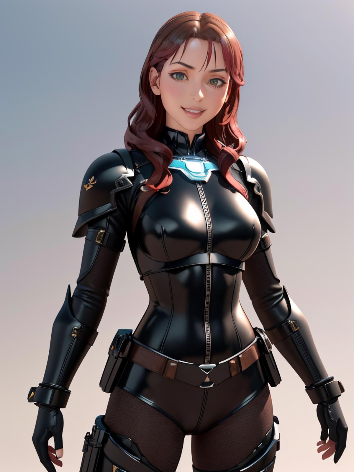 A computer generated image of a woman wearing a tight black bodysuit with a gun on her hip.