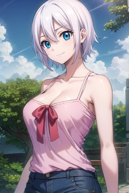lisanna strauss, short hair, blue eyes, hair between eyes, white hair, bow, bare shoulders, collarbone, pants, red bow, denim, camisole, jeans, pink camisole, navel, animal ears, bare shoulders, collarbone, tail, bikini, strapless, facial mark, animal print, animal hands, whisker markings, tiger ears, tiger print, tiger tail, tiger stripes,