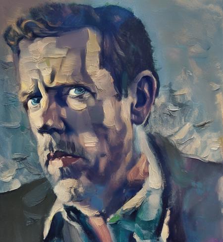 Remove Use these settingsa painting by mse, portrait of a award winning photo of hugh laurie posing in a dark studio, rim lighting, two tone lighting, sharp focus, teal hue, octane, unreal, low key,