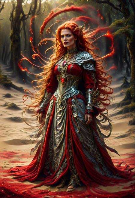 sandswirl, nbn-freyja, (red swirling sand background:2), indoors, standing, 1woman, solo, long hair, black choker, eyeliner, gorgeous lips, covered breasts, cinematic, best quality, ultra-detailed, very aesthetic, (natural eyes:1.4), freckles, aloof, (masterpiece:1.1), small waist, fitness body, wide hips, 32 years old, golden blond hair, censored, (big stained glass windows:1.4), (swirling sand Victorian dress:1.6), (red ruby clothes:1.6), high end closure, Evil Queen, cinemascope, moody, epic, gorgeous, film grain, natural hands, red elbow gloves, knee boots, dramatic, ritual magic, freyja, auburn hair, braided hair, magic, forest, Viking queen, mythic beauty, feathered cloak, fur, armor, robe, braid, rune jewelry, photorealistic, cinematic, flowers, jewelry, photorealism, cinematic lighting, high fantasy, mythic portraiture, soft background, northern folklore aesthetic, (fully dressed:2), (RAW photo), 4K, best quality, realistic, photorealistic, masterpiece, extremely detailed, an extremely delicate and beautiful, dynamic, realistic anatomy, candle lighting, perfect shading, professional shading, depth of field, great lighting, goth wedge boots, elegant, gorgeous, highly detailed, detailed fluorescent hair with dark roots, 35mm, f1.4, dark lipstick, full shot photo, perfect face, perfect anatomy, cute, beautiful, perfect beauty, amazing beauty, absolutely perfect, perfect skin, gentle, highly detailed, breathtaking, clear skin, (swirling sand clothes:2.6).