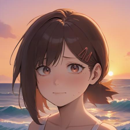 A masterpiece anime professional illustration of a woman named Higashiyama Kobeni by the ocean with beautiful sunset, happy, closeup portrait, mole <lora:kobeni_xl-000014:1>