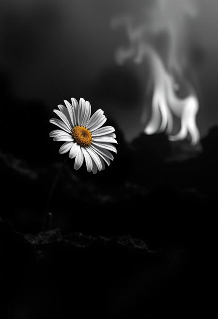 Monochromatic art inspired by John Batho and John Mckinstry, Detailed, naturalistic, realistic wildlife art, a vibrant daisy blooms amidst a fiery pit of burning brimstone, darkened landscape, warm glow on its delicate white center, abstract composition, poetic atmosphere, interplay of light, form, and texture, exercising minimalist geometry, French photographic style, exercising simplicity.