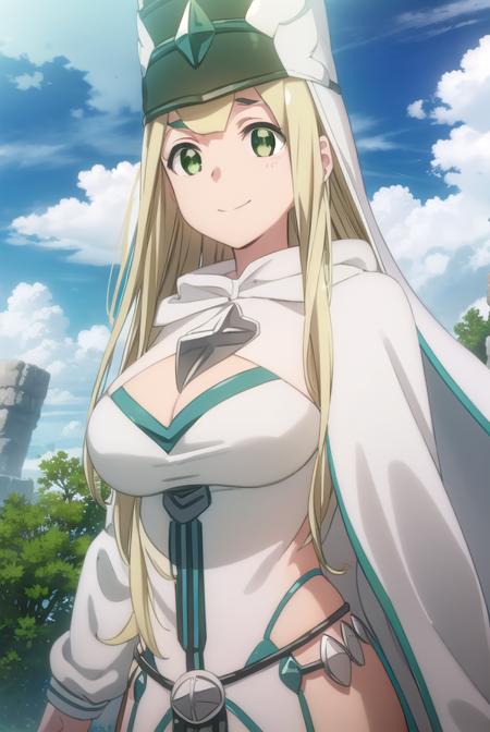 bofurimisery, <lora:bofuri misery s2-lora-nochekaiser:1>,
misery, long hair, blonde hair, (green eyes:1.5), smile,
BREAK hat, cleavage, cape, white cape, dress, white dress, long sleeves,
BREAK outdoors, forest, nature, sky, sun, clouds,
BREAK looking at viewer,
BREAK <lyco:GoodHands-beta2:1>, (masterpiece:1.2), best quality, high resolution, unity 8k wallpaper, (illustration:0.8), (beautiful detailed eyes:1.6), extremely detailed face, perfect lighting, extremely detailed CG, (perfect hands, perfect anatomy),