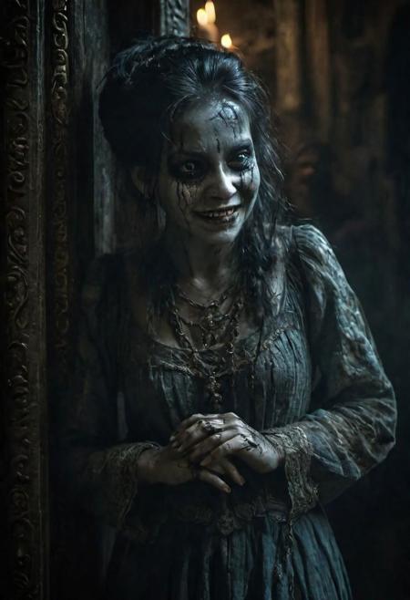 award wining masterpiece photograph converying a sense of dreadful horrors, full shot of a frightful girl with a sinister smile, searching feverishly for something, wandering silently with caution in a dark smoky antique evil temple, detailed face, intricately detailed, dim light, exquisite backlighting, refined editorial photography, dramatic LUT
