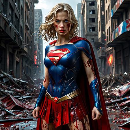 High resolution ultra-realistic of beautiful Supergirl with wavy blolnde hair, Greg Rutkowski, Intricately Designed Handsome dirty bloody face, Realistic beautiful bllue eyes, Atrractive 21 years old woman, dark sci-fi elements, Standing in the middle of a bloody battle on the battlefield, Streets of a metropolis full of debris, in a fighting pose, Intricately designed tight Blood-stained combat costume, red mini skirt, red cape, heroic stance, DC Comics, Realistic Firm breasts, 8K, ultra-realistic body, bloody realistic costume, Supergirl covered in blood on her body, realistic red lips, adding to the intense and dynamic atmosphere of the scene, without makeup, Asymmetrical Balance, hyperdetailed painting, dynamic lighting, adding to the intense and dynamic atmosphere of the scene, complex masterpiece