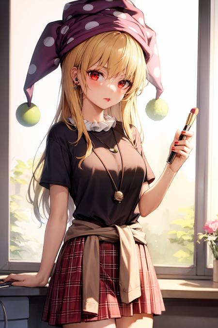 clownpiece 1girl,jester cap,long hair,blonde hair, red eyes,neck ruff,  striped dress,star (symbol),star print, polka dot,short sleeves,  pantyhose, american flag dress,short dress,  fairy wings