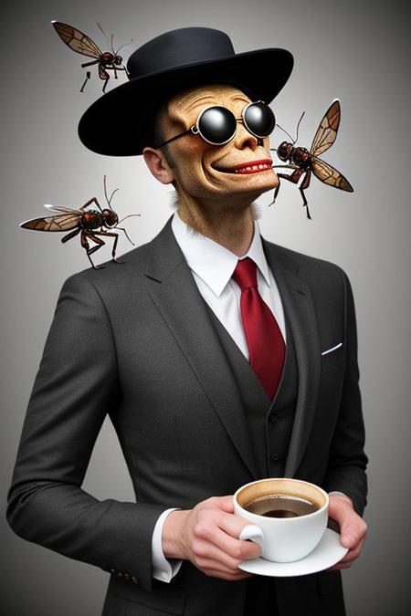 Absurd photo montage, portrait of a giant insect, giant fly, wearing a hat, wearing a suit, drinking coffee, photoshop composite, tiny human angels flying around